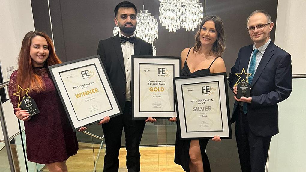 Members of LTE Group's Marketing and External Relations hold the awards they won at the FE First Awards 2024.