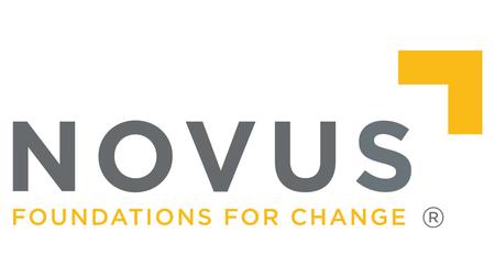 The word 'NOVUS' in all caps and grey colouring, with 'Foundations for Change' also in all caps but orange and smaller font underneath.