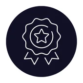 Line icon of a badge with a star at the centre of a violet circle, representing excellence at LTE Group.