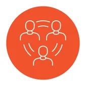 Line icon of three people connected by circular lines at the centre of an orange circle, representing ‘one group’ values at LTE Group.