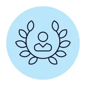 Line icon of a person at the centre of a light blue circle, surrounded by leaf shapes, representing ethical values at LTE Group.