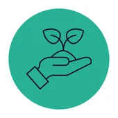 Line icon of a hand holding a small plant at the centre of a green circle, representing sustainable values at LTE Group.