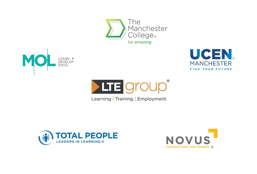 LTE Group logo surrounded by organisation logos, including The Manchester College, UCEN Manchester, MOL, Novus, and Total People, connected by circular graphic elements.