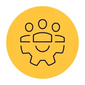 Line icon of three people above a cog at the centre of a yellow circle, representing innovative values at LTE Group.