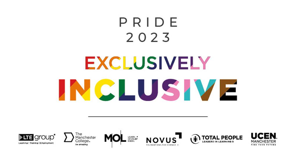 The words 'Exclusively Inclusive' in the Pride flag colours on a white backgrounds, with Pride 2023 above and the Group logos in black underneath.