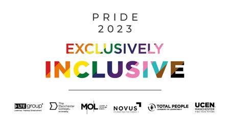 The words 'Exclusively Inclusive' in the Pride flag colours on a white backgrounds, with Pride 2023 above and the Group logos in black underneath.